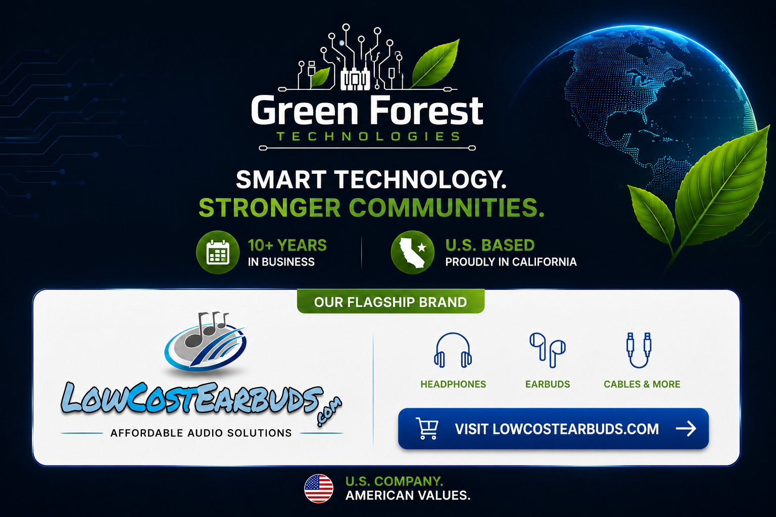 Green Forest Technologies landing page featuring LowCostEarbuds.com